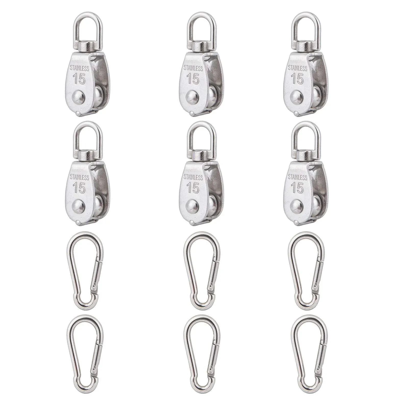 6Pcs 304 Stainless Steel M15 Single Pulley Block, Wire Rope Hanging Wire Towing Wheel, with 6Pcs Spring Snap Hook