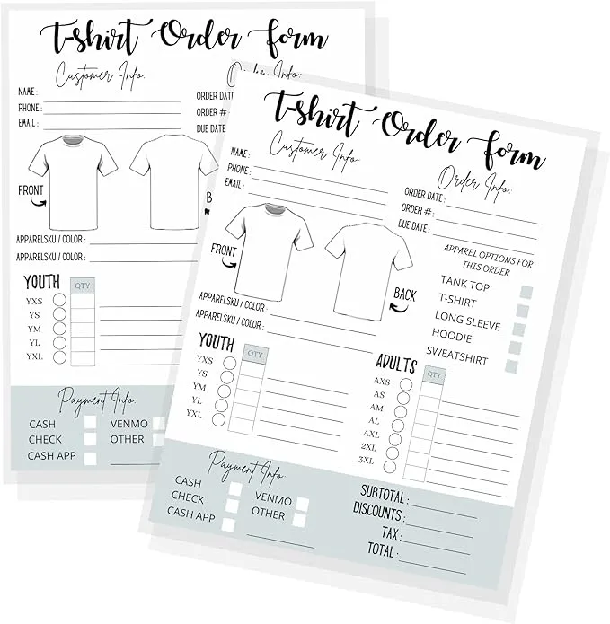 Lashicorn T-Shirt Custom Order Form Hoodie Template Business Invoice | 75 Pk | 8.5x11” Inches Log Book Printable for Small Businesses, New Orders Vinyl, Decal