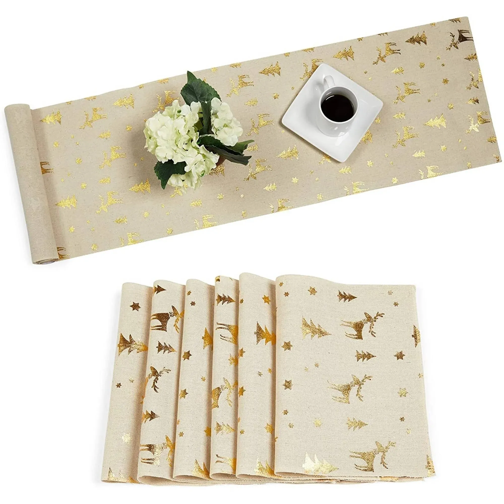 Juvale 7 Pieces Set of 6 Gold Foil Dining Table Runner and Placemats