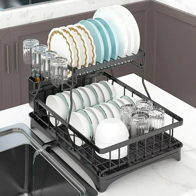 Dish Drying Rack -Multifunctional Dish Rack, Rustproof Kitchen Dish Drying Rack with Drainboard & Utensil Holder, 2-Tier Dish Drying Rack