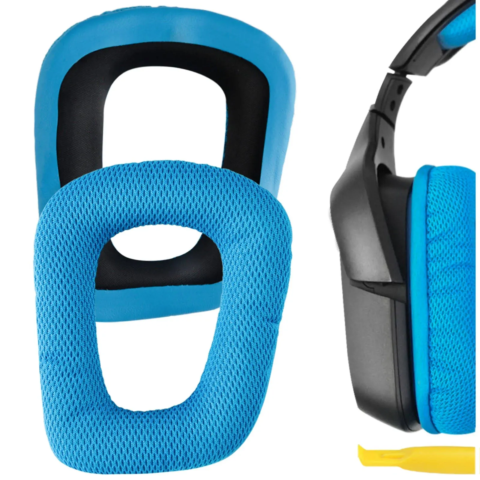 Geekria QuickFit Mesh Fabric Replacement Ear Pads for Logitech G930, G430, G432, G332, G35, F450 Headphones Ear Cushions, Headset Earpads, Ear Cups Cover Repair Parts (Blue)