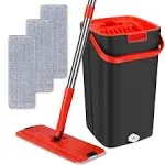 Flat Floor Mop and Bucket, Flat Mop Bucket with 3 Microfiber Mop Pads, Extended Stainless Steel Handle and Cleaning System Bucket, Hands-Free Self