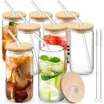 Glass Cups with Lid and Straw, 16oz Beer Glasses Glass Coffee Cups, Iced Coffee Cups with Lid, Glass Tumbler with Straw and Lid (8 PACK)