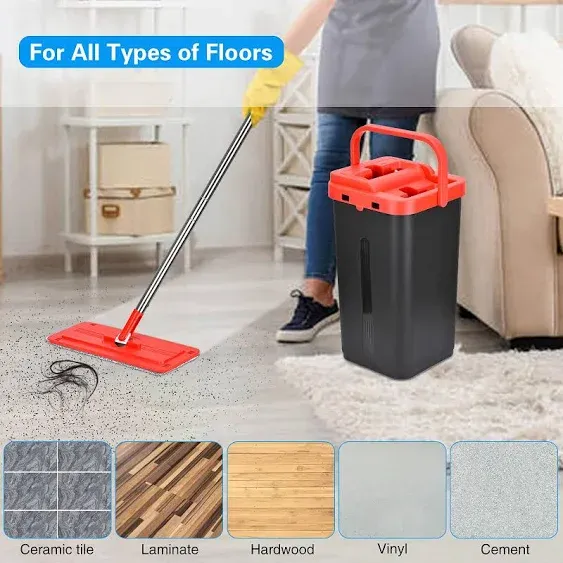 Flat Floor Mop and Bucket, Flat Mop Bucket with 3 Microfiber Mop Pads, Extended Stainless Steel Handle and Cleaning System Bucket, Hands-Free Self