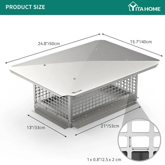 YITAHOME Chimney Cap, 13" x 21" Chimney Cover for Outside, 304 Stainless Steel Fireplace Chimney Caps with Adjustable Metal Strips, Screws & Gloves