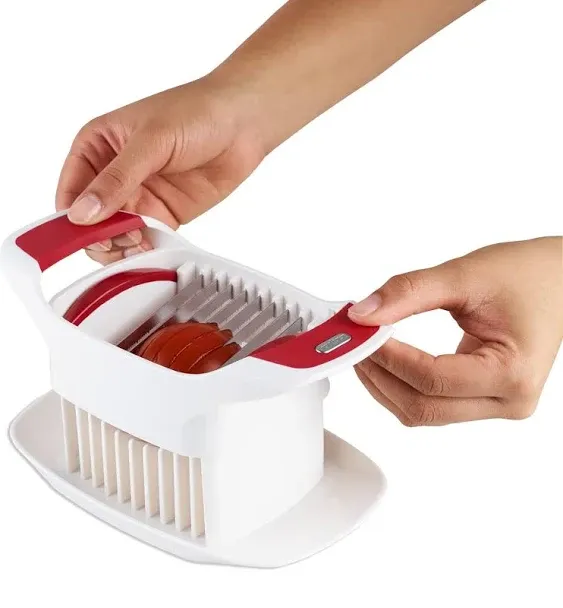 Zyliss E46420 Tomato Slicer | Plastic/Stainless Steel | White/Red | 8 Sharp Stainless Steel Blades/Integrated Dish/Slices Tomatoes/Vegetables/Fruit | Dishwasher Safe | 5 Year Guarantee