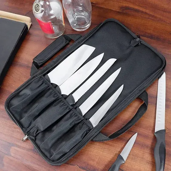 Knife Roll, 5-Pocket Chef’s Knife Roll Bag, Knife Bag, Chef Knife Case Nylon Portable Chef Carrying Travel Bag Pouch, Blue(Knives not Included)