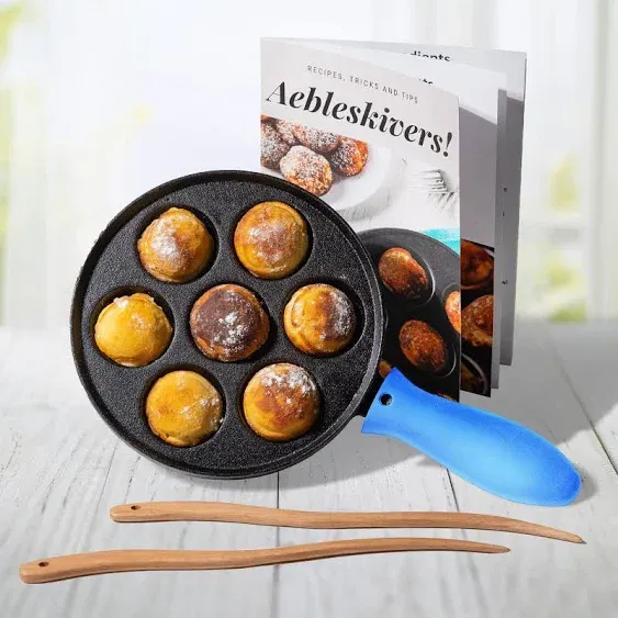 Upstreet Cast Iron Aebleskiver Pan/Ebelskiver Pan/Ideal for Mini Pancake Mold, Cake Pop Pan, and Takoyaki Maker for Danish Stuffed (Blue)