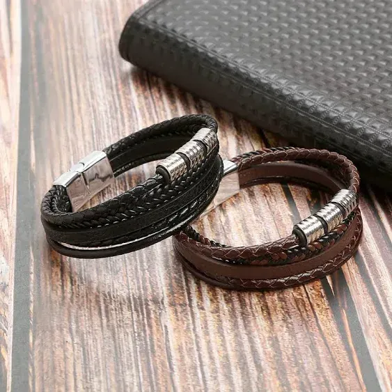 Jewbelet Mens Leather Bracelet with Clasp Cowhide Multi-Layer Braided Leather...