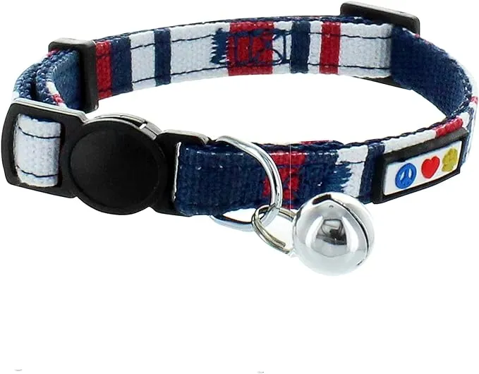 Pawtitas Multicolor Red White and Blue Safety Buckle Removable Bell Cat Collar