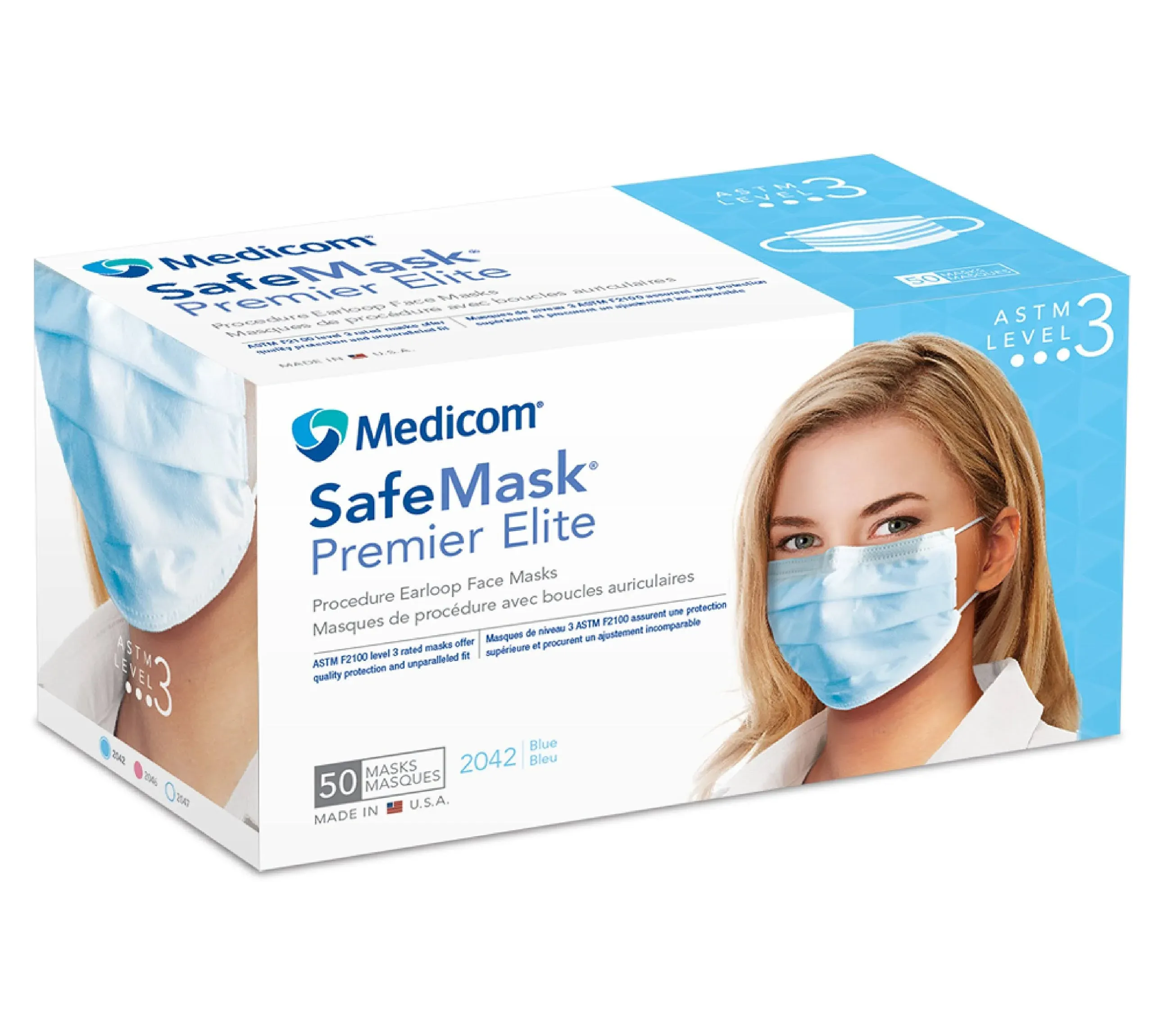 Medicom 2042 SafeMask Premier Elite Earloop Masks, Blue (Pack of 50)