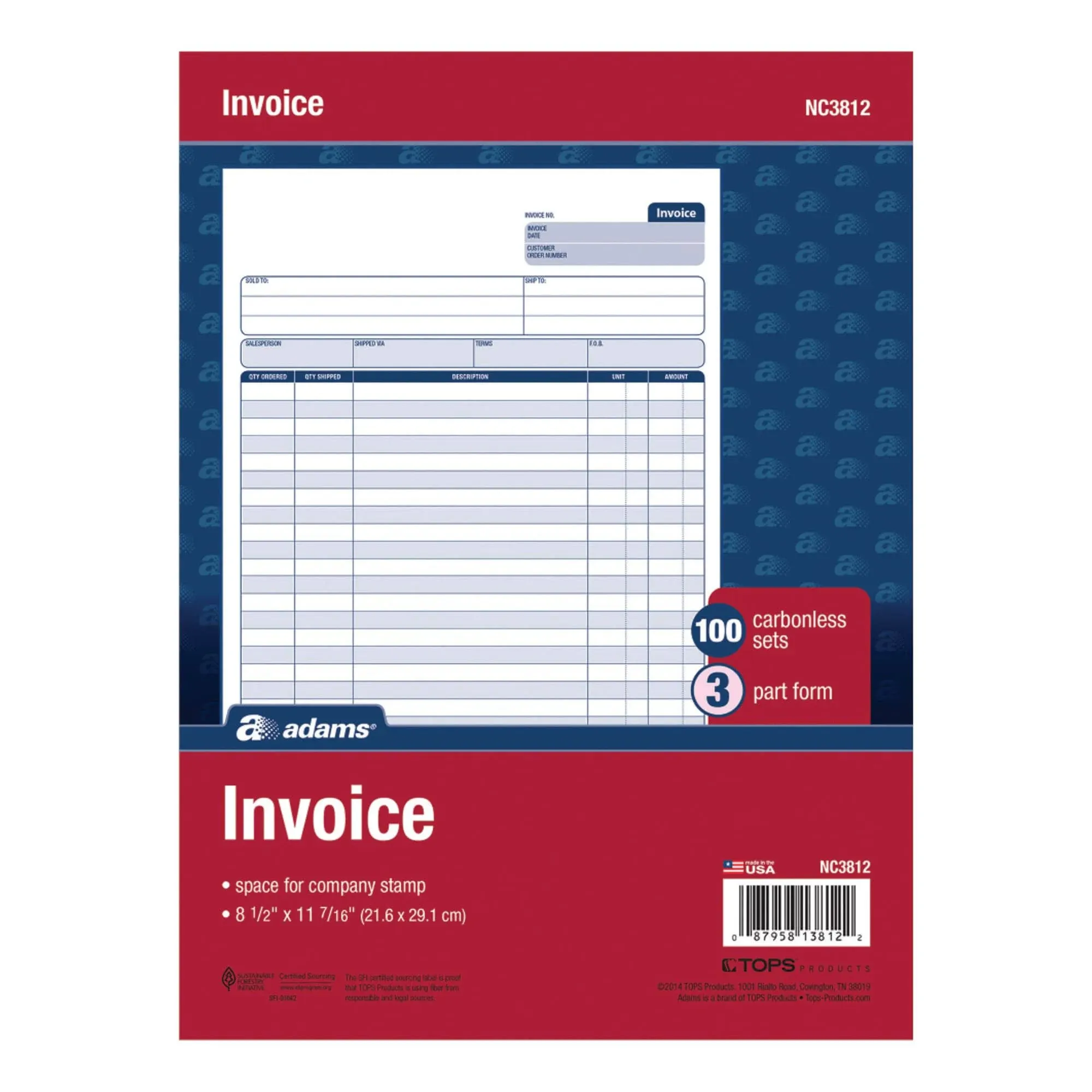 Adams Invoice Unit Set 8.5 x 11.44 Inch 3-Part Carbonless 100-Pack White...