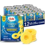 Dole Canned Fruit, Tropical Gold Pineapple Slices in 100% Pineapple Juice, Gluten Free, Pantry Staples, No Sugar Added, 15.25 Oz, 12 Count