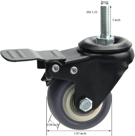 2 Inch Swivel Caster Wheels Set of 4, Metric M8-1.25 Threaded stem(Bolt Diameter 8mm, Length:1″) Durable Soft Rubber casters with Double Lock Mechanism, castors for Carpet Hardwood Floor.