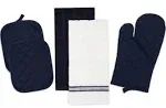 5 Pc Kitchen Set Hand Towels Pot Holders Mitt Navy Blue and White  Theme PH0007