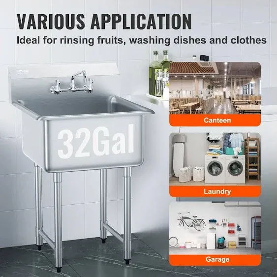 VEVOR Stainless Steel Prep & Utility Sink, 1 Compartment Free Standing Small Sink Include Faucet & Legs, 27"x41" Commercial Single Bowl Sinks for