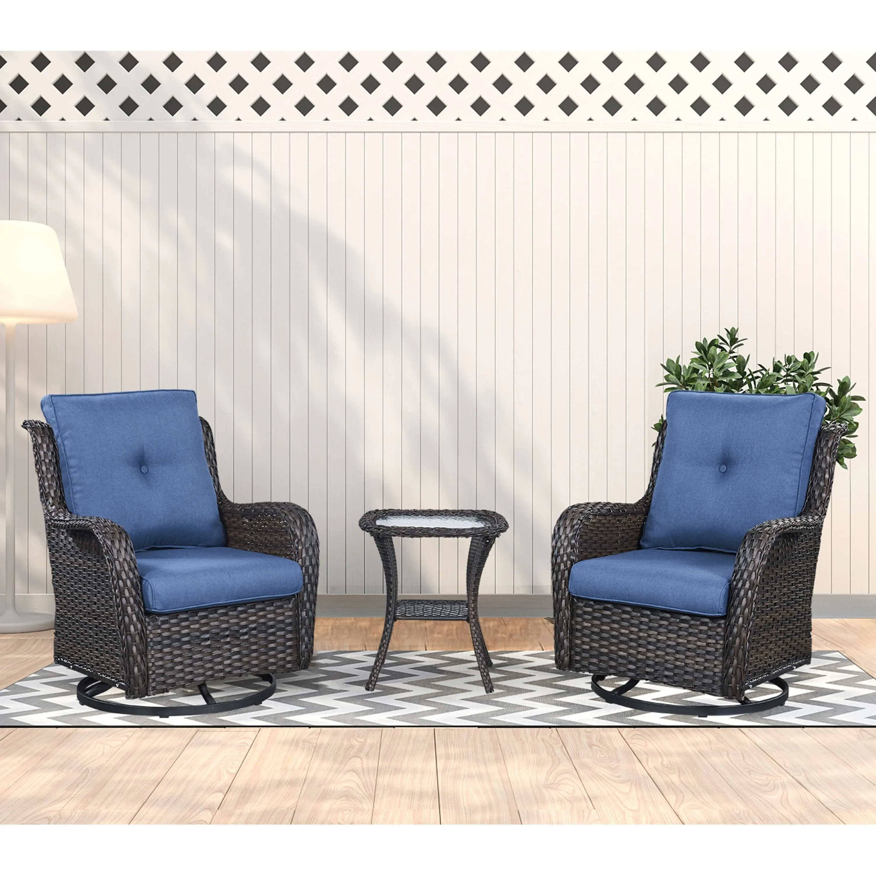 Pocassy 3-Piece Outdoor Swivel Bistro Set with Wicker Rocking Chairs