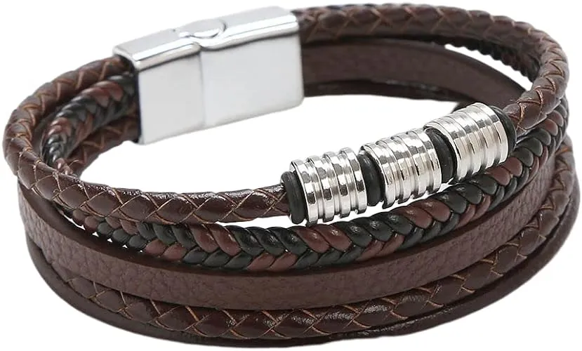 Jewbelet Mens Leather Bracelet with Clasp Cowhide Multi-Layer Braided Leather...