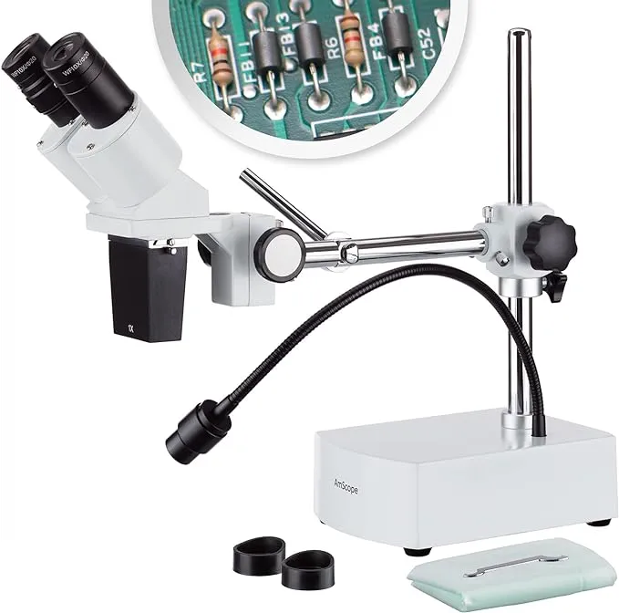 AmScope SE400 Professional Binocular Stereo Microscope, WF10x Eyepieces, 10X Magnification, 1X Objective, LED Lighting, Boom-Arm Stand, 110V-120V