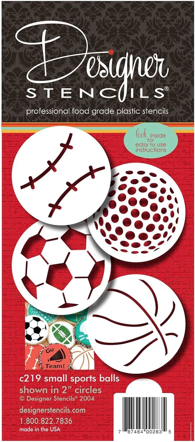 Designer Stencils Small Sports Ball Cupcake and Cookie Stencils (Basketball - Golf - Soccer - Baseball), Beige/semi-transparent