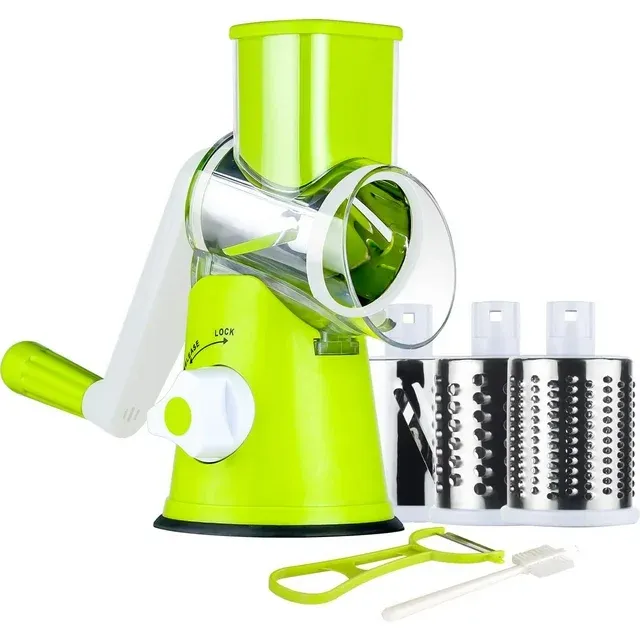 Ourokhome Manual Cheese Rotary Grater - Round Mandoline Slicer Shredder with 3 Inner Adjustable Blades (Green)