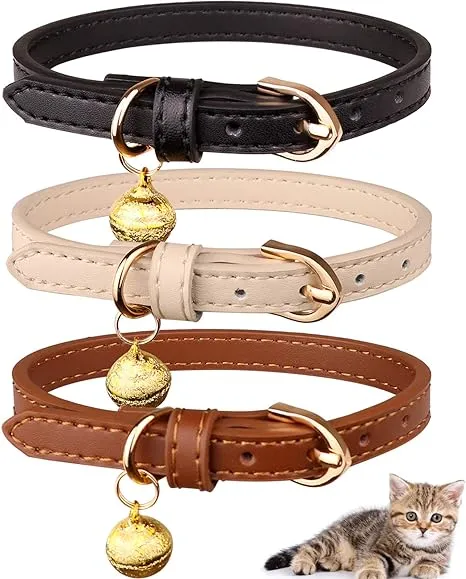 Jamktepat 3 Pack Leather Cat Collars with Bells Soft Pet Safety Collar Kitten ...