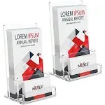 NIUBEE 2-Pack Acrylic Brochure Holder 4‘’ , Clear Brochure Display Stand with Acrylic Business Card Holder, Plastic Flyer Display Stand for Magazine, Pamphlet, Booklets, Menu, Journals, Business Card