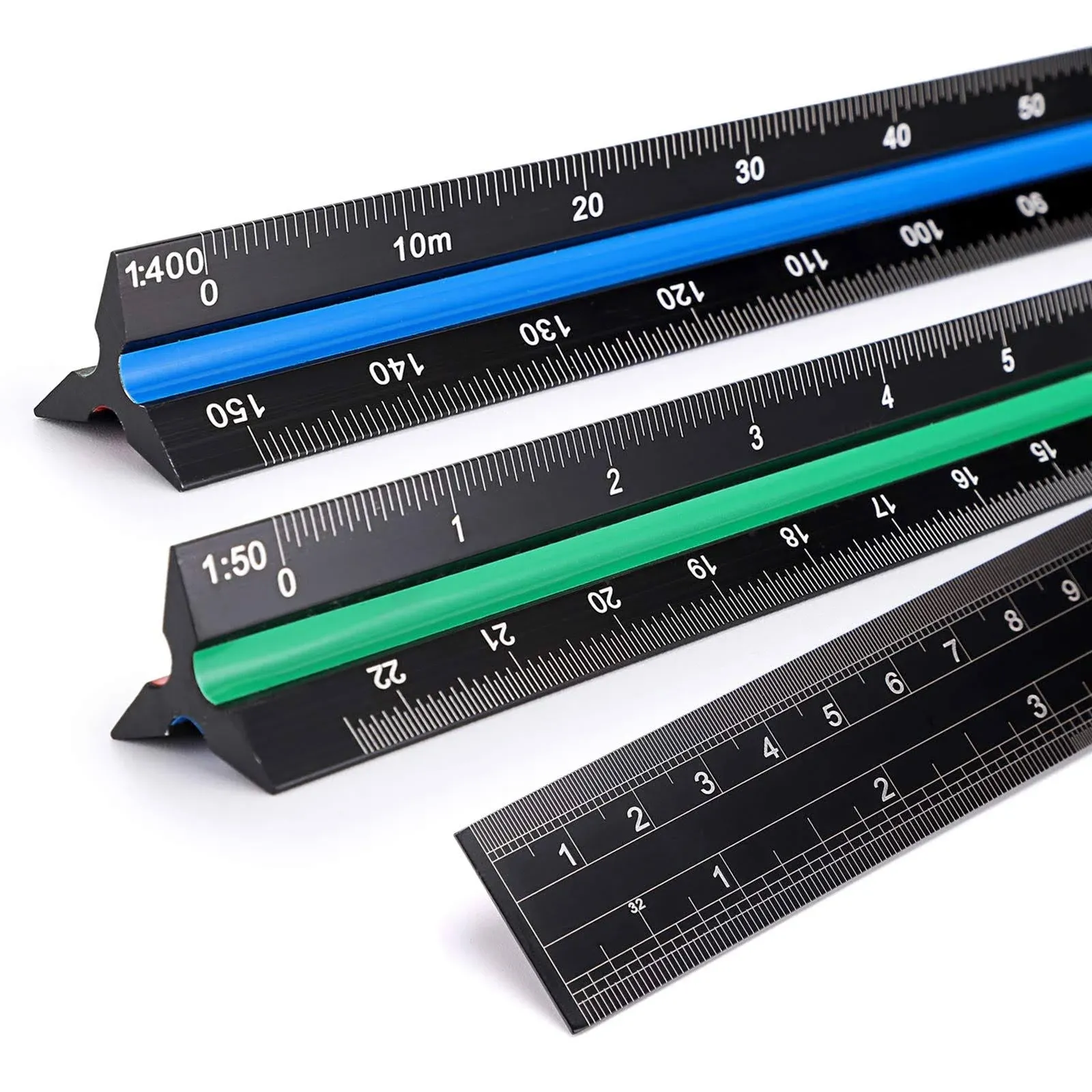 3 Pack 30CM Solid Aluminum Triangular Architect Scale Ruler Set, 3-Colors-Gro..<wbr/>.