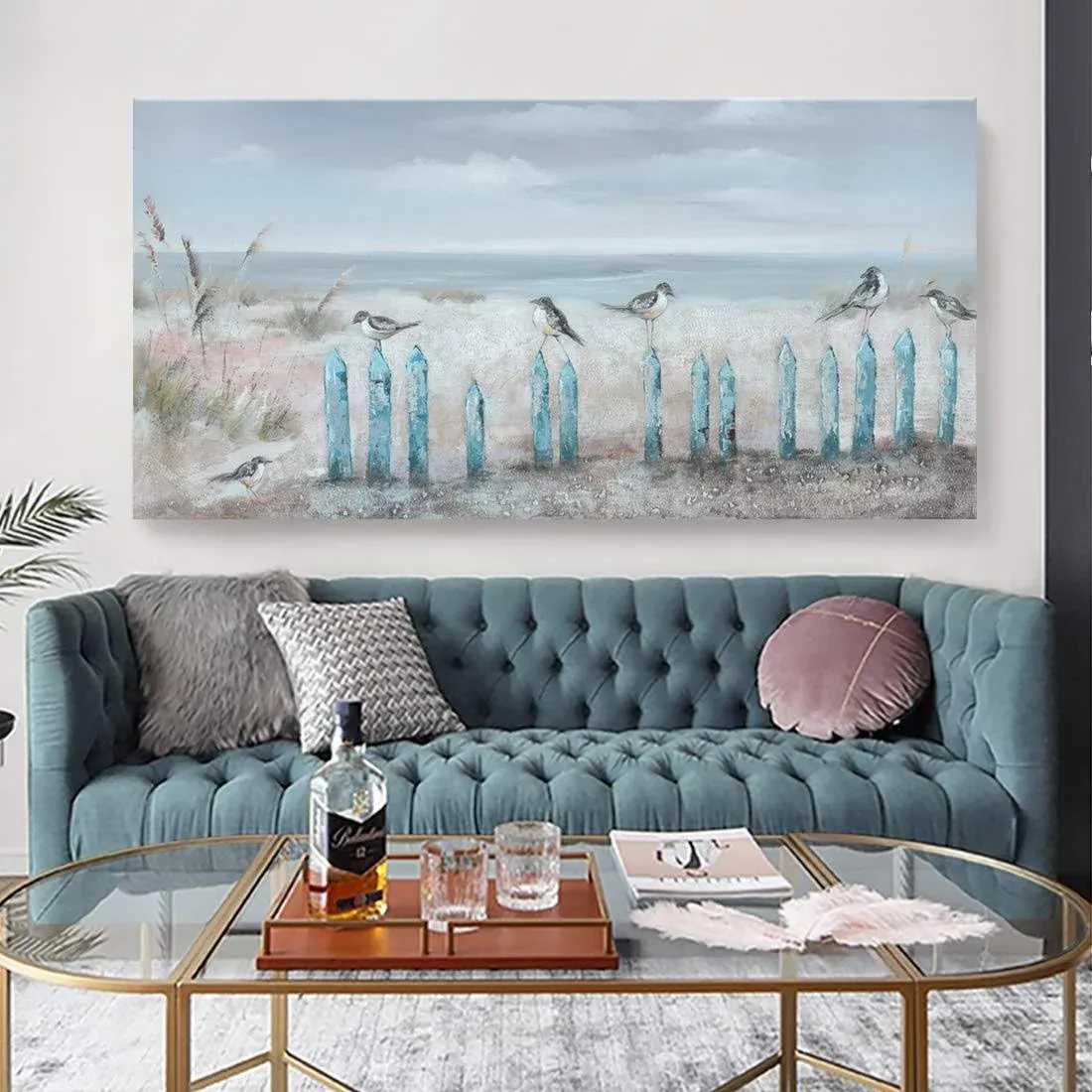 Big Wall Art for Living Room Extra Large Hand-painted Beach Oil Painting Ocean Sea Bird Seagull Canvas Artwork Framed Seascape Coastal Picture for Office Bedroom Decor 60 x 30 inch