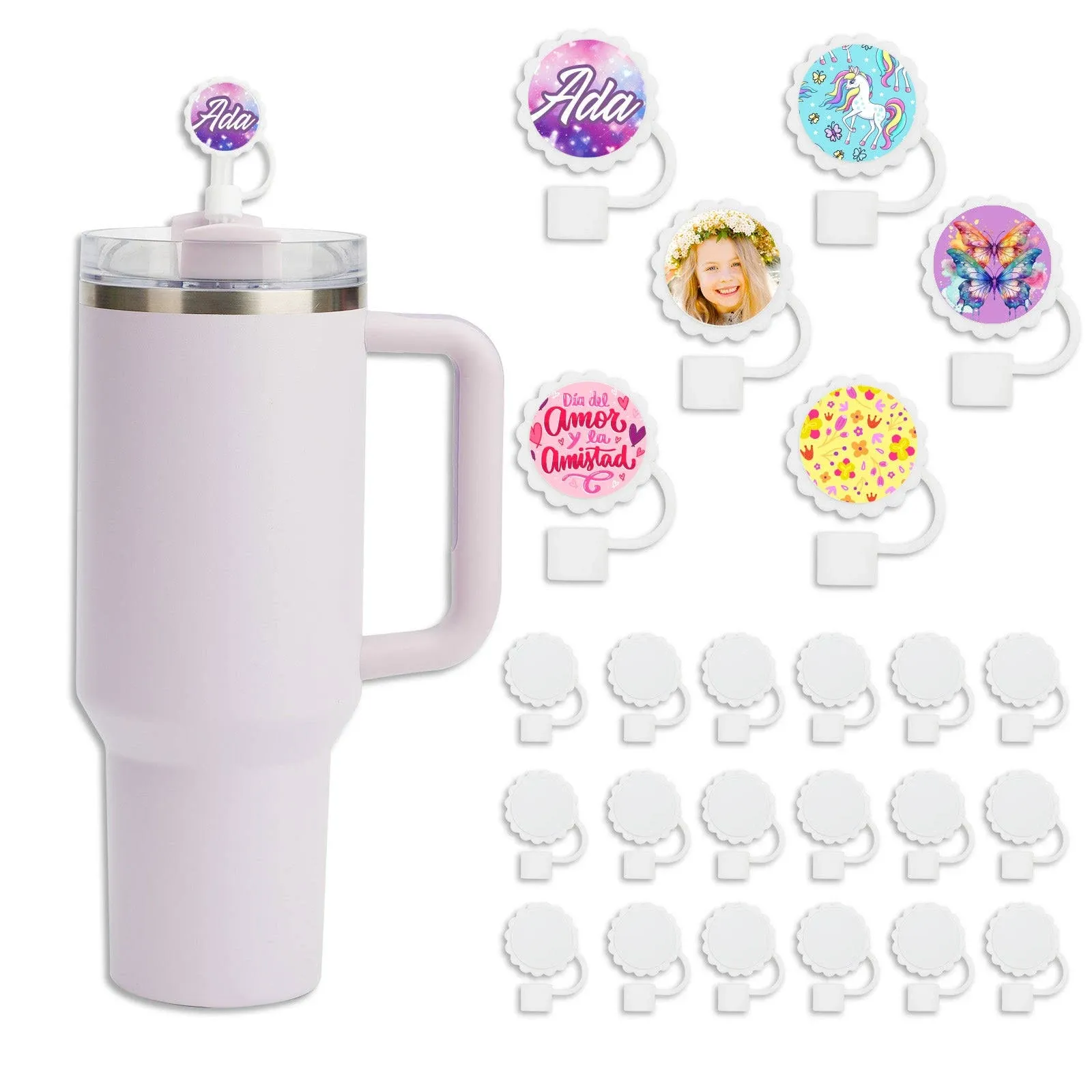 PYD Life 24 Pack Sublimation Straw Cover Cap Topper Silicone White for 40 OZ 30 OZ 20 OZ Stanley Tumbler Cup 10mm Straws 1.18" Flower Round with 1" Sublimation Blanks Aluminum Round Sheets