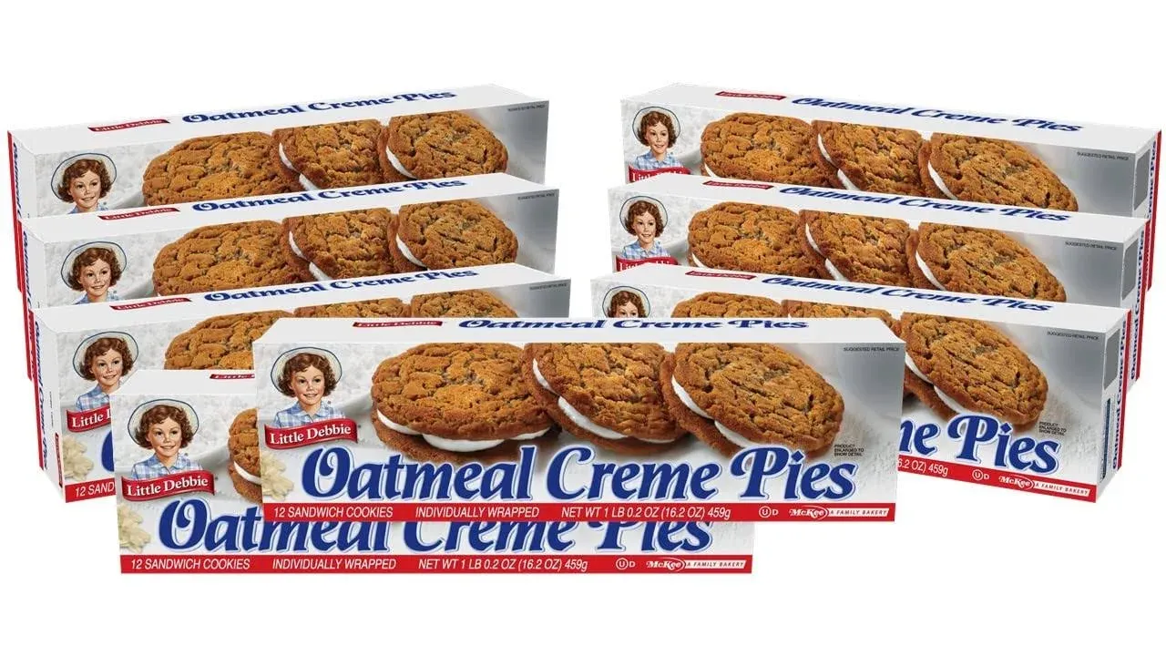 Little Debbie Oatmeal Creme Pies, Two Soft Oatmeal Cookies Layered with Creme 8 Boxes, Brown