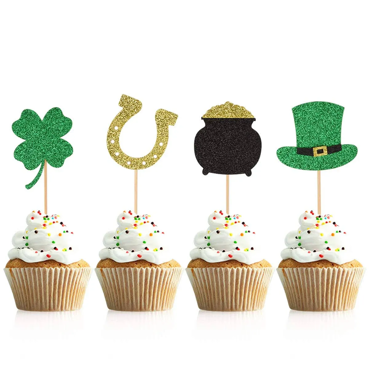 Donoter 36 Pieces Glitter Shamrock Cupcake Toppers Four Leaf Clover Cake Picks ...