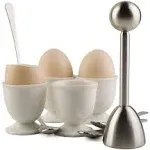 Egg Cracker Topper Set for Soft Hard Boiled Eggs Shell Removal Includes 1 Egg Cutter 4 Ceramic Egg Cups and 4 Spoons