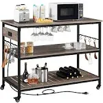 Yaheetech Kitchen Cart with Power Outlet, Rolling Kitchen Island, Utility Trolley Cart Coffee Bar Microwave Stand Cart - Taupe Wood