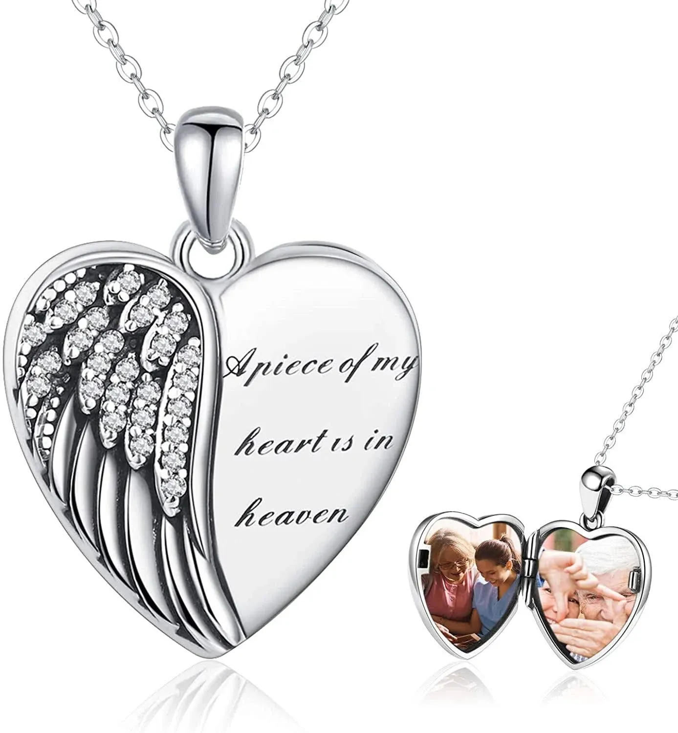 Coachuhhar Angel Wings Locket Necklace 925 Sterling Silver Heart Locket Necklace That Holds Pictures Memorial Necklace Locket Jewelry Gifts for Women