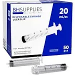 BH Supplies 20ml Luer Slip Tip Syringes (No Needle) - Sterile, Individually Wrapped - 50 Syringes