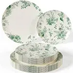 Trendables 80 Piece Plastic Disposable Plate Set 40" x 8" and 40 x 10" Green and Ivory Verdure Christmas Plate-Serves 40