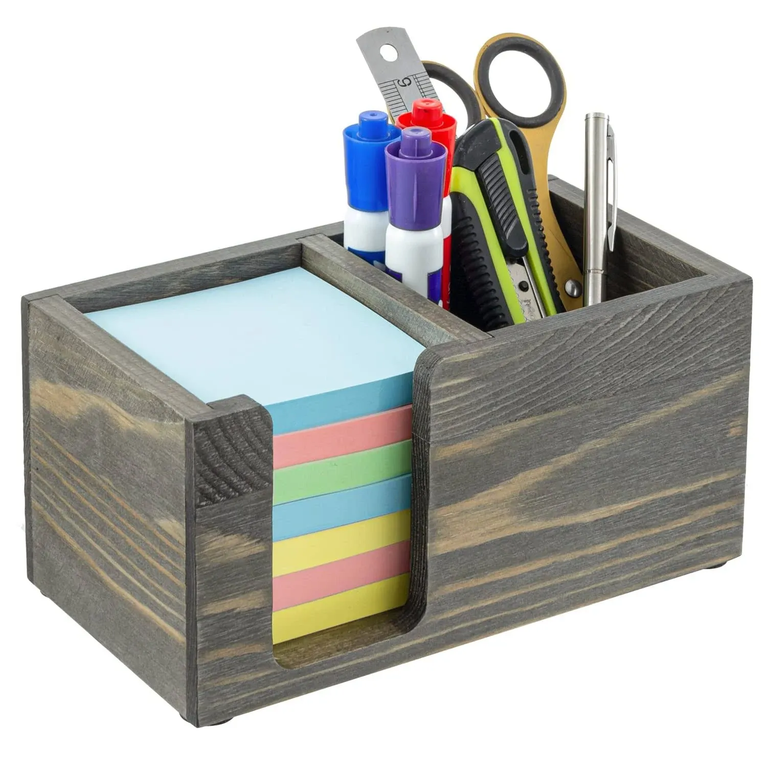 Gray Wood Office Desktop Storage Caddy, Sticky Note &amp; Stationery Holder Stand