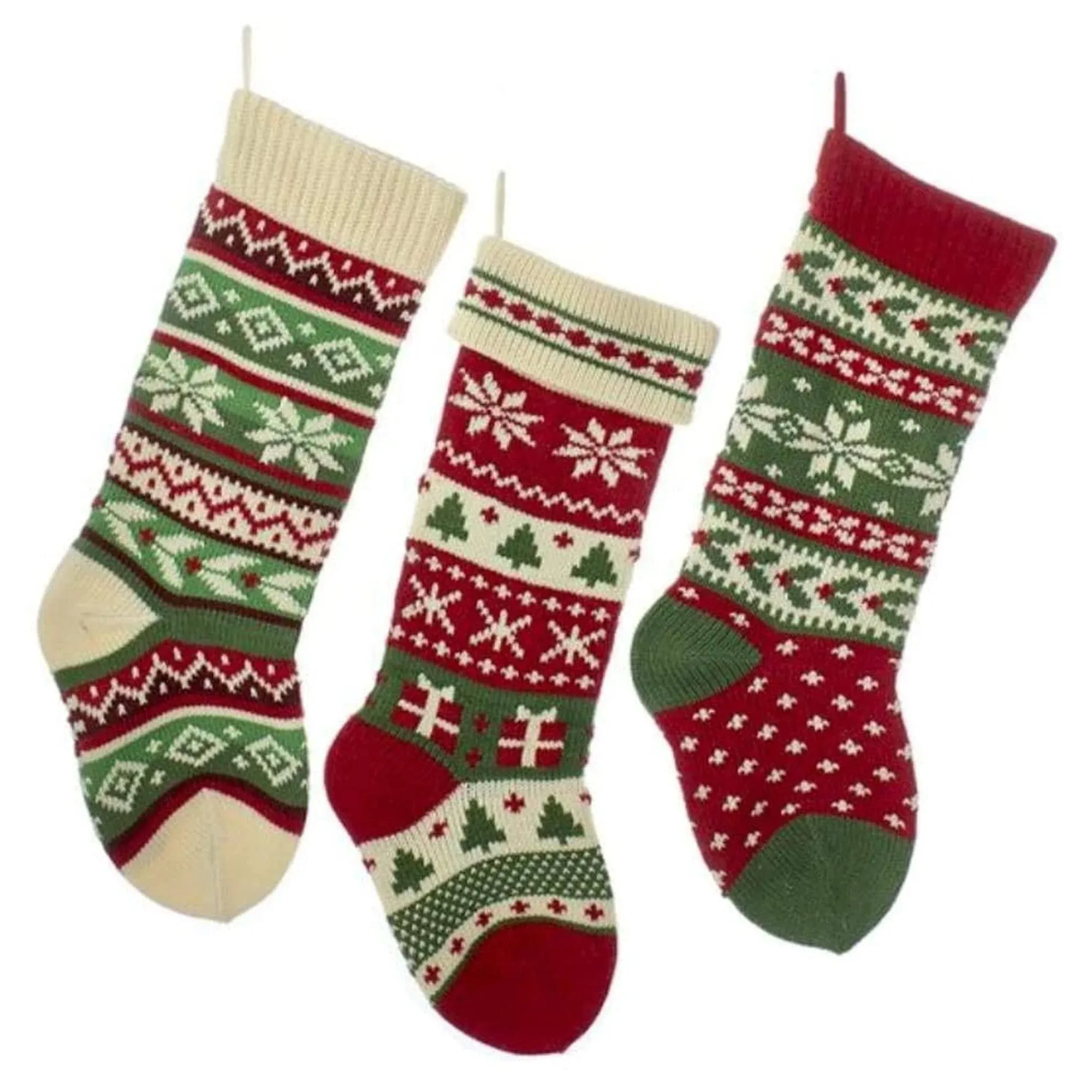 Kurt Adler Heavy Knit Snowflake and Chrismas Tree Stocking - 3 Assorted 41856