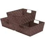 3 Pack Woven Basket Bin Set - Stackable Shelf Storage Tote Baskets with Handles