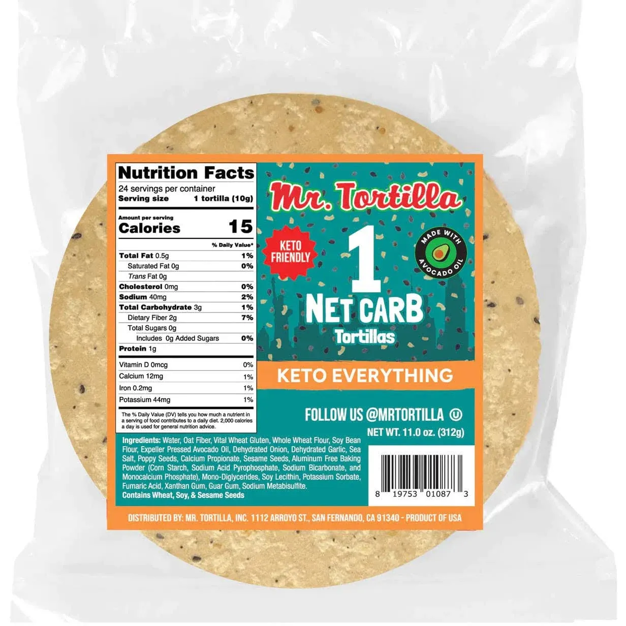 Mr. Tortilla Low Carb Tortilla Wraps - Keto Tortillas with Avocado Oil - Street Taco Size - 1 Net Carb per Serving - Low Calorie Keto Wraps - Low Carb Tortillas - (Everything Bagel, 24 Count)