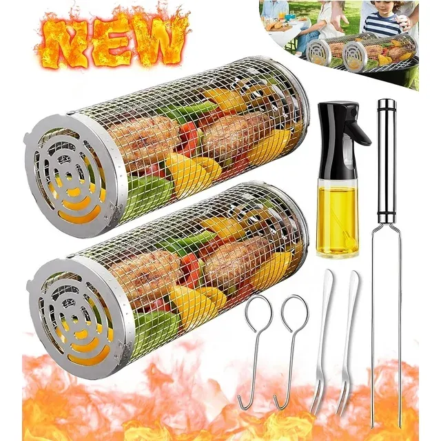 Rolling Grilling Baskets for Outdoor Grill Bbq Net Tube Stainless Steel Large ro