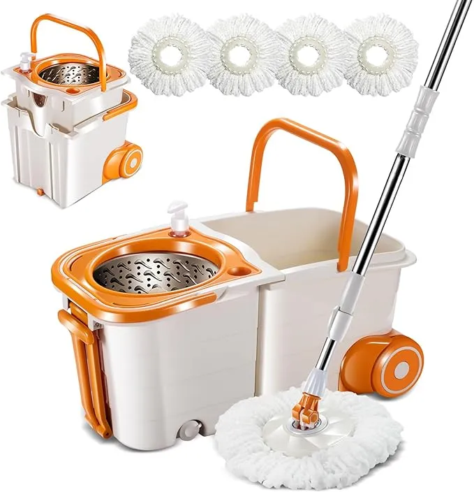 Masthome 360 Spin Mop and Bucket with Wringer Set for Floor Cleaning Mops and Bucket System with Wheels and 3 Mop Pads