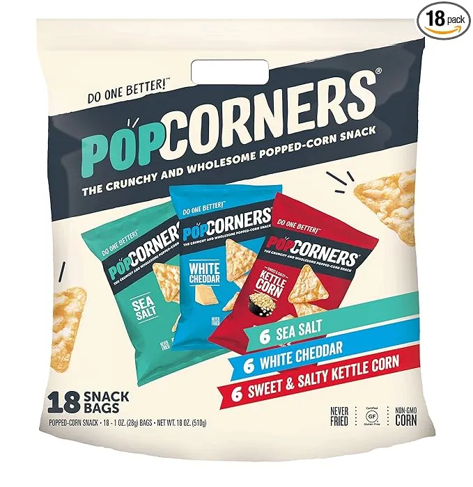 Popcorners Snacks Pack, Gluten Free Chips, Kettle Corn, White Cheddar, Sea Salt, Variety Pack, 1 Ounce (Pack of 18)