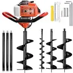 72cc Auger Post Hole Digger, 3KW 2 Stroke Post Hole Auger Gas Powered with 3 Auger Drill Bits(4" & 8" & 12") + 3 Extension Rods for Farm Garden Plant