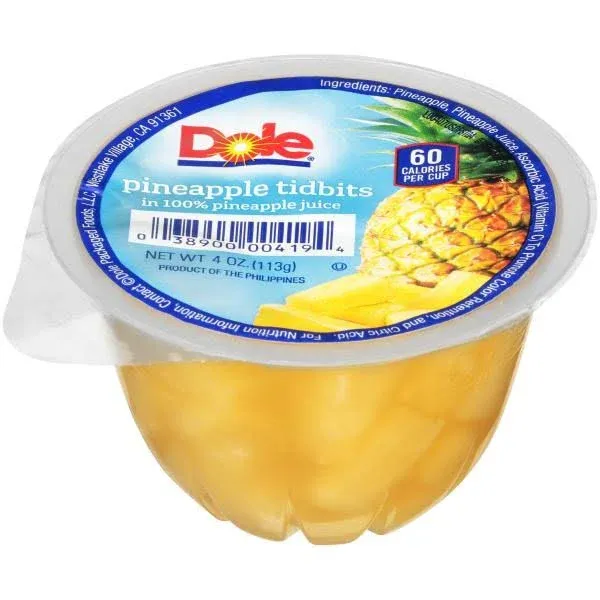 Dole Fruit Bowls Pineapple Tidbits in 100% Juice Healthy Snack 4oz 36 Total Cups