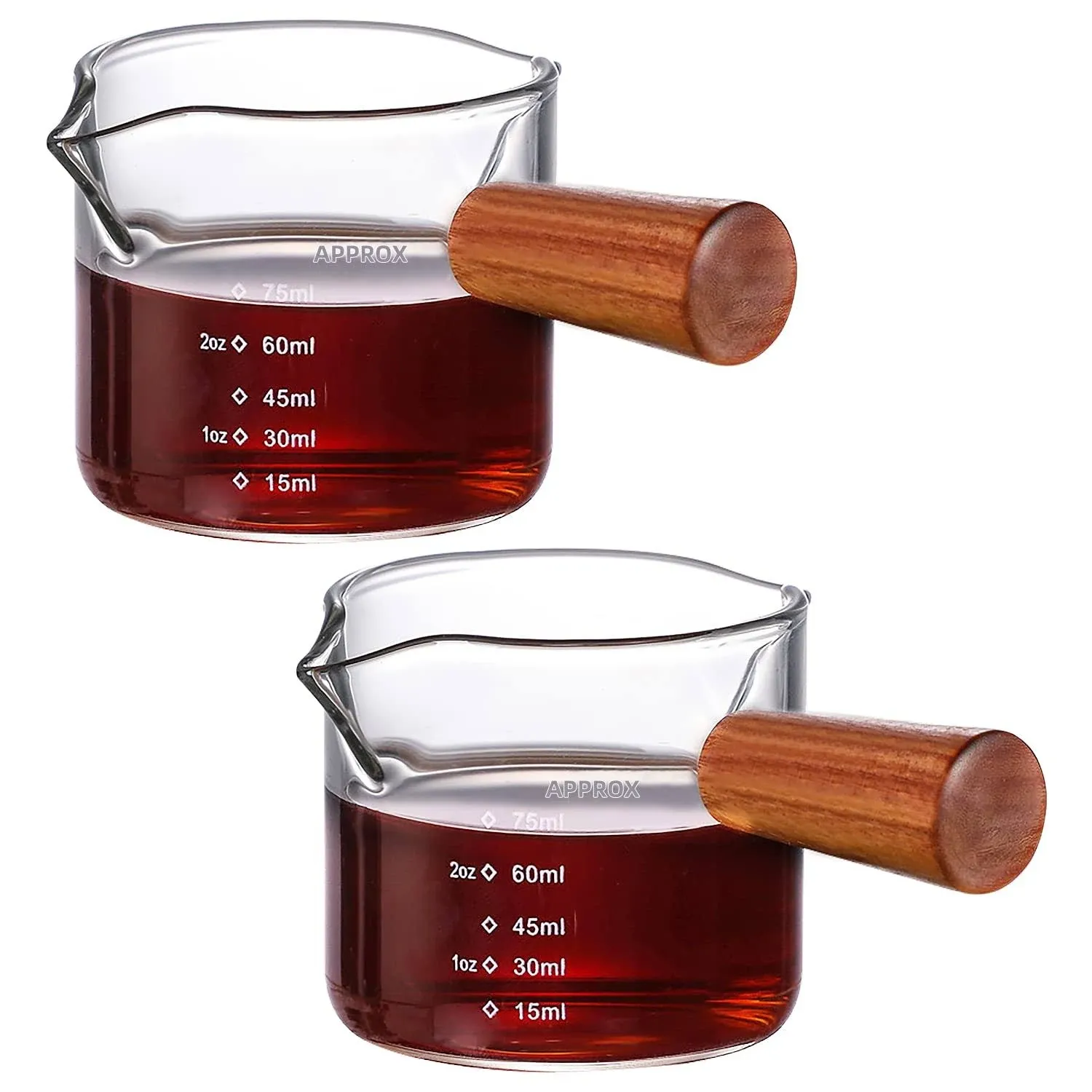 MYSENLAN Double Nozzle Espresso Shot Glass with Wooden Handle 75ML Double Spout