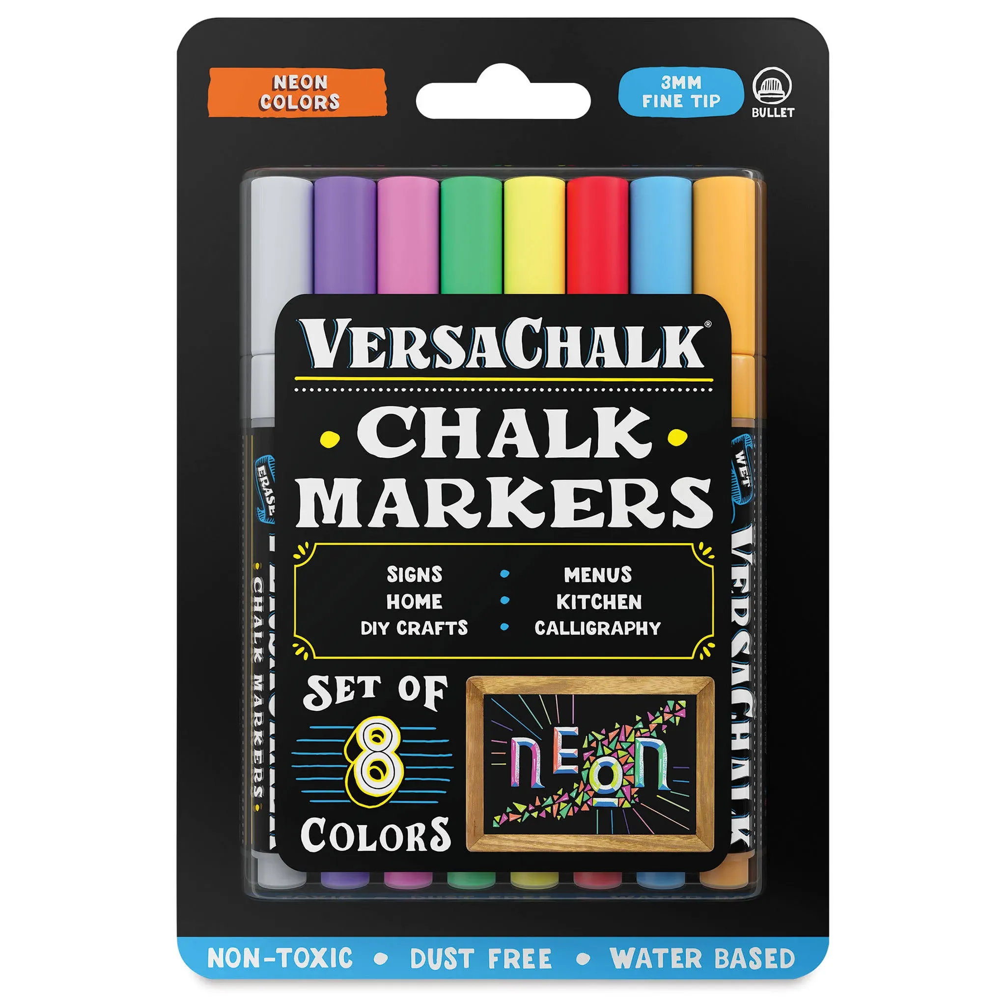 VersaChalk Liquid Chalk Markers for Blackboards - 8 Pack, Fine Tip (3mm) - Neon Colors - Erasable and Washable