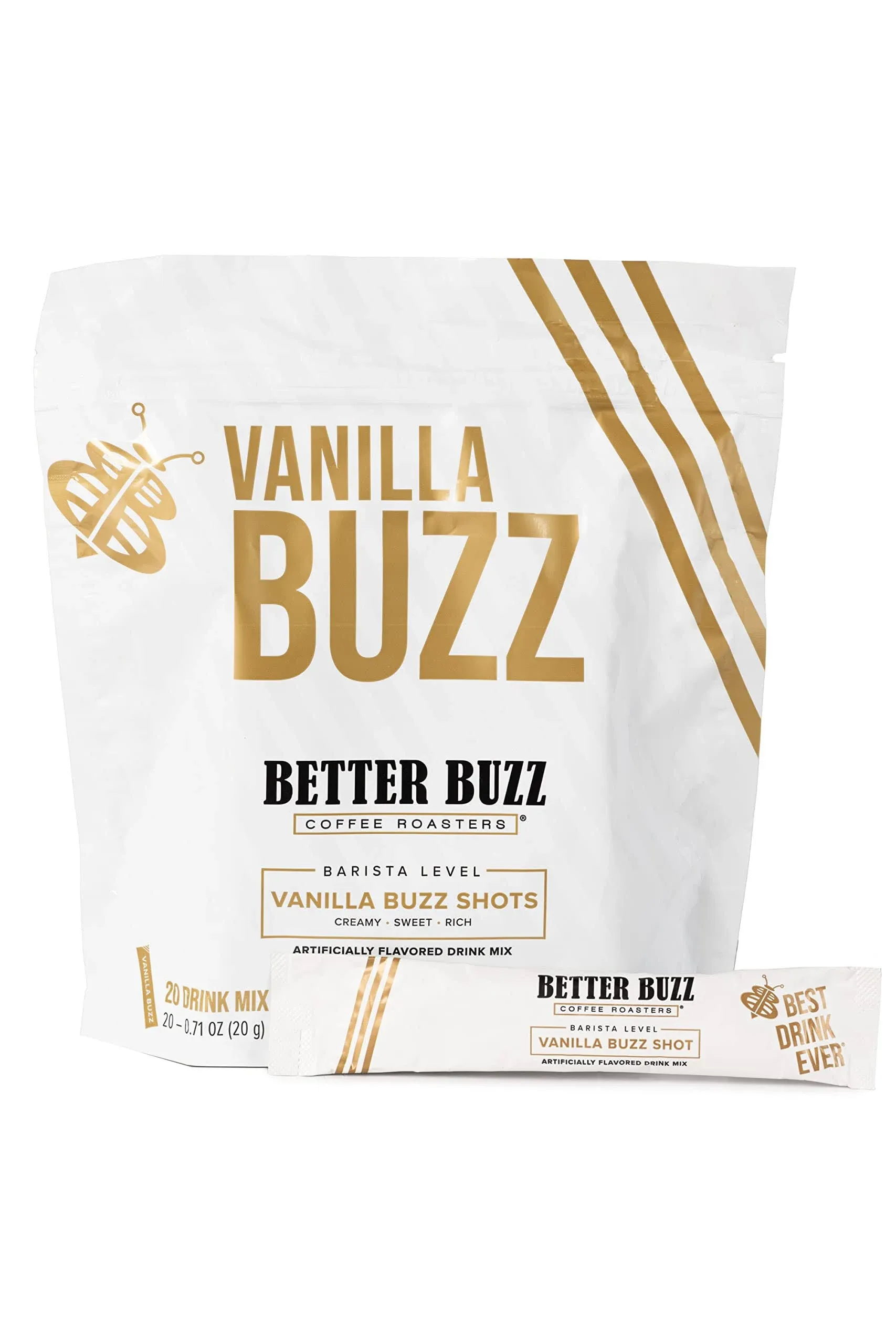 Better Buzz Vanilla Powder Coffee Creamer Shots (Vanilla Buzz) 20ct. Singles Drink Mix, Instant Vanilla Creamer Stick Packs for Vanilla Latte Flavored Coffee Experience