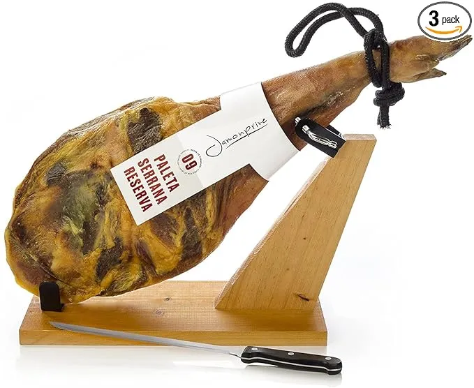 Spanish Serrano Ham Bone in from Spain 10-11 lb (Shoulder) with Ham Stand & Knife (NO Nitrates or Nitrites) - Jamon Serrano - Jamón Serrano Español - Spanish Ham - Cured Ham - Serrano Ham from Spain